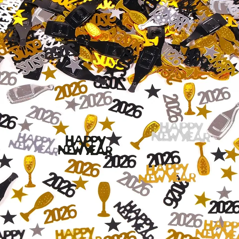 2026 New Years Confetti, 2.12 oz Shinny Metallic 2026 Happy New Year Stars Bottles Mixed Confetti for Tables 2026 New Year Decorations New Years Eve Party Supplies | Silver Black Gold