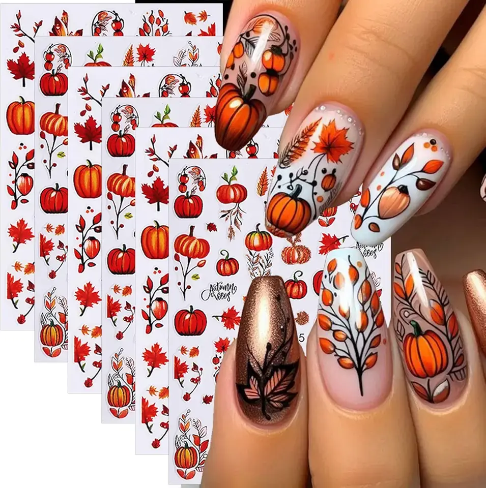6 Sheets Fall Nail Stickers for Nail Art Thanksgiving Nail Art Stickers Autumn Maple Leaf Nail Decals 3D Self-Adhesive Pumpkin Nail Design Sticker Fall Leaves Holiday Nails Decoration for Women