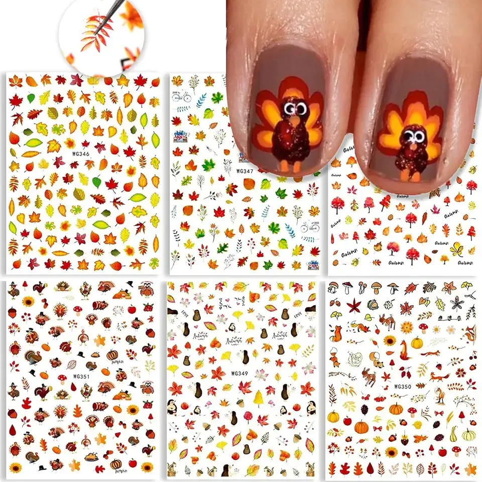3D Thanksgiving Nail Art Stickers 6 Sheets Autumn Fall Nail Art Accessories Decals Self-Adhesive Maple Leaf Pumpkin Turkey Designs Sticker for Women Nail Arts DIY Nail Decorations Halloween Party