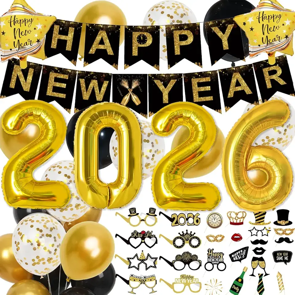 2026 Happy New Years Decorations Set New Years Eve Party Supplies 2026, Gold Numbers 2026 Balloons, New Year Photo Props and Happy New Year Glasses