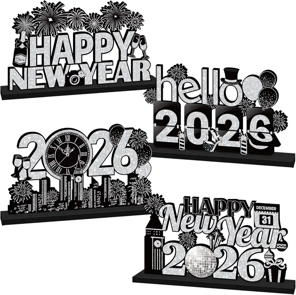 4Pcs 2026 New Years Decorations Table Wooden Centerpiece Black and Sliver New Years Eve Party Supplies Decorations Hello 2026 New Year Table Topper for 2026 NYE Party Supplies Decor