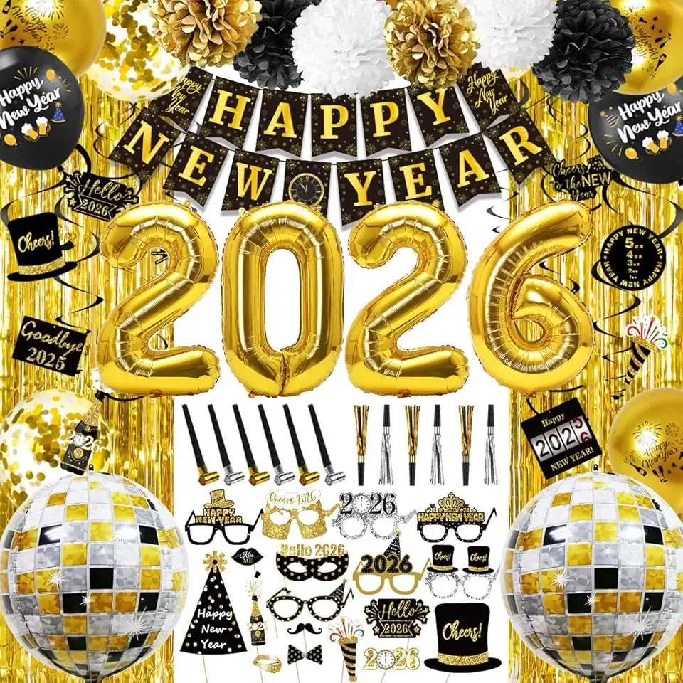 MOVINPE New Years Eve Party Decorations 2026 Black Gold, Happy New Year Party Supplies, Banner Pompoms Number Balloon Fringe Curtain Photo Booth Props Hanging Swirl Squawkers Blowouts