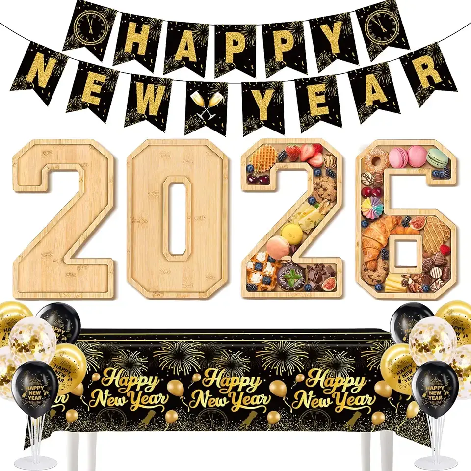 New Years Eve Party Supplies 2026-Bamboo Charcuterie Numbers Fillable New Years Decoration Kit Include 2026 Numbers Charcuterie Boards, Banner, Balloon, Centerpieces, Tablecloth Nye Decorations 20 PCS