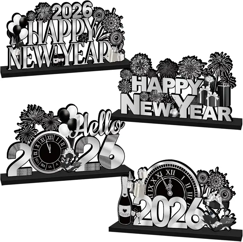4Pcs New Years Decorations 2026 Wooden Table Decorations Black Silver New Years Eve Party Supplies 2026 Happy New Year Table Centerpieces for Nye decorations