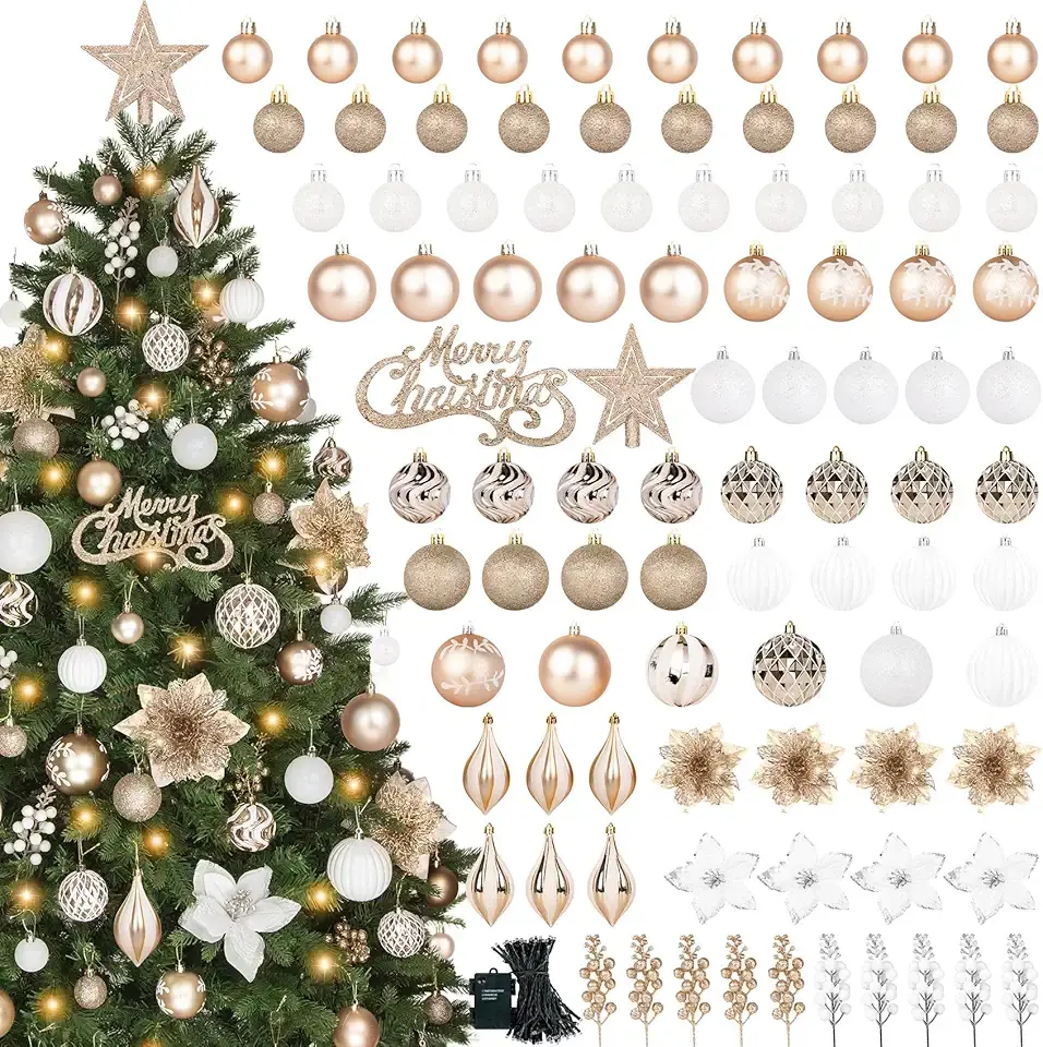 Ouddy Decor 95 Pcs Brown Christmas Ball Ornaments, Shatterproof Champagne Christmas Tree Decorations Set with Glitter Berry Poinsettia Flowers 100 LED Lights for Holiday Winter Home Decor, Champagne