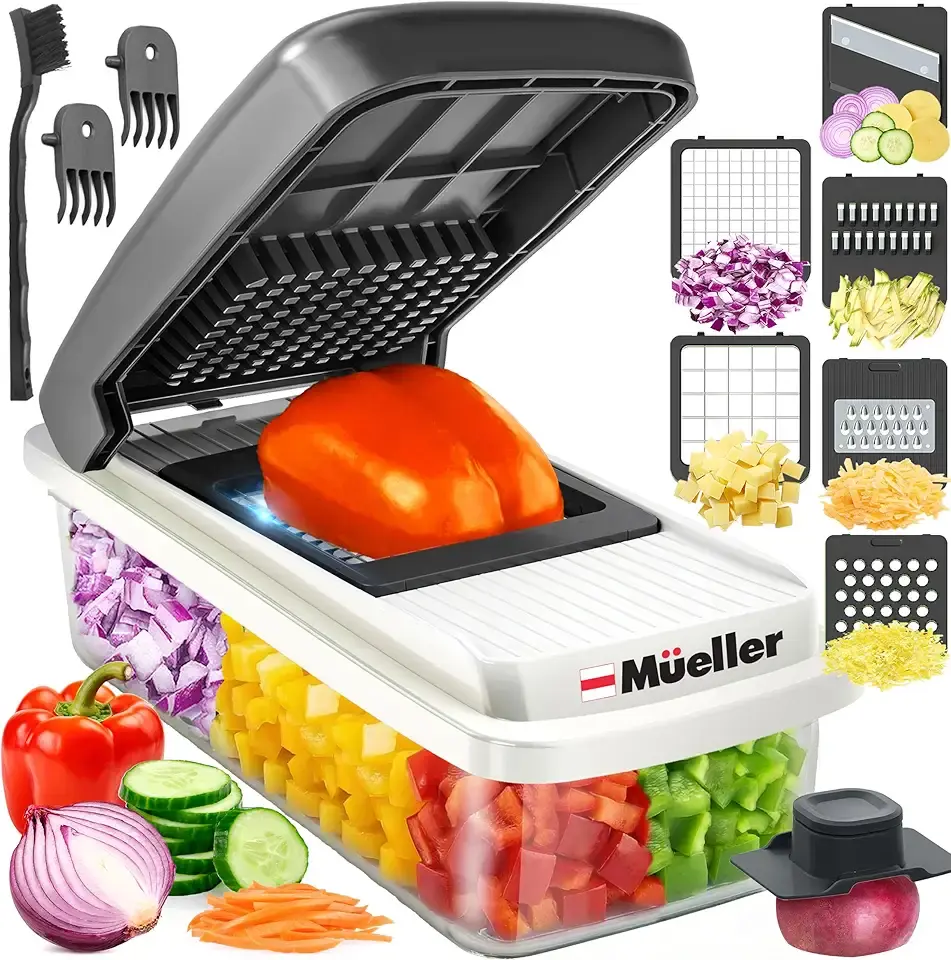 Mueller Vegetable Chopper Mandoline Slicer, Food Veggie Chopper, Cheese Grater, Onion Vegetable Cutter with Container, Dicer, Kitchen Gadgets &amp; Essentials, White Sand/Grey