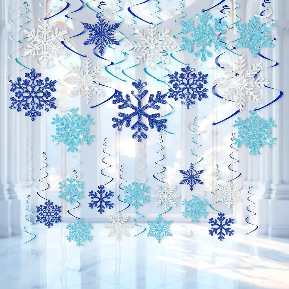 30Pcs Winter Glitter Snowflake Hanging Swirl Decorations Winter Wonderland Decorations Christmas Snowflake Hanging Swirls Ceiling Streamers Baby Shower Hanging Decor Birthday Wedding Party Supplies