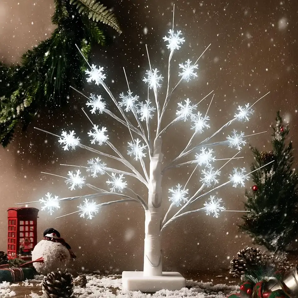 Retisee Winter Christmas Decoration Snowflake Tree LED Light with 24 LED Lights Timer USB Battery Operated Christmas Snow Indoor Outdoor for Home Table Party Decor