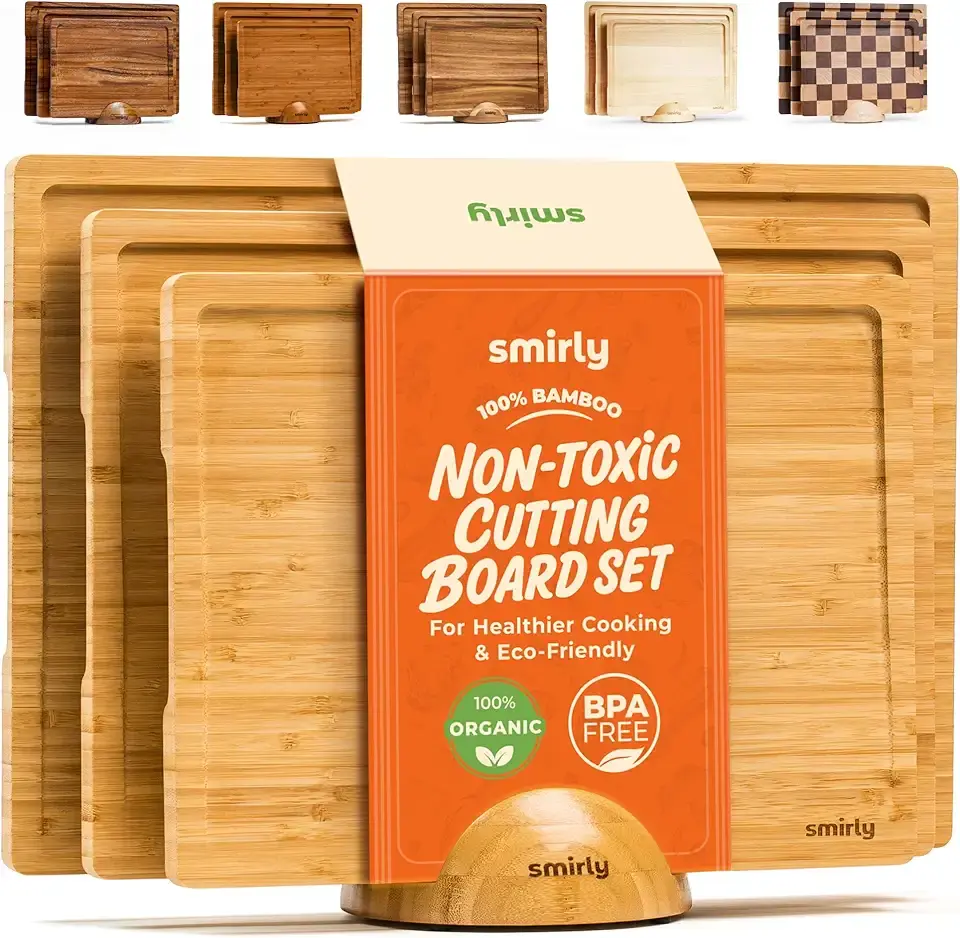 SMIRLY Wooden Cutting Boards For Kitchen Meal Prep &amp; Serving - Bamboo Cutting Board Set with Holder, Charcuterie &amp; Chopping Board, Wood Cutting Board Set, Kitchen Gadgets