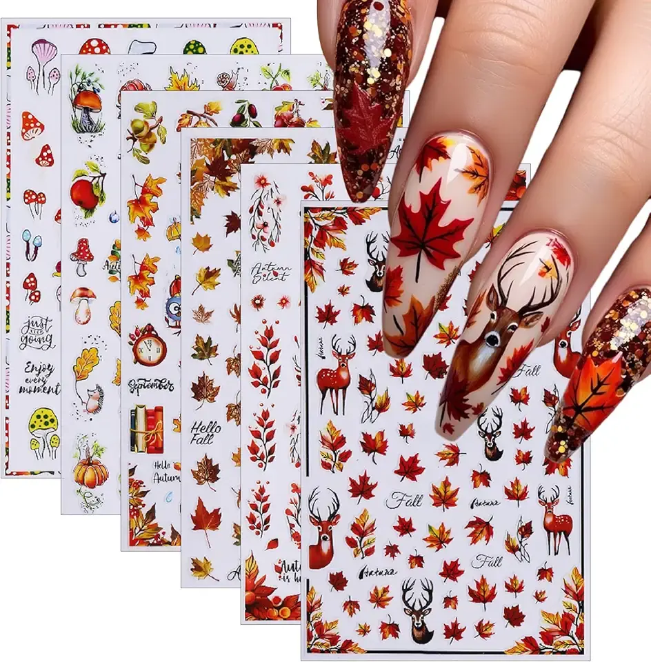 Fall Maple Leaf Nail Art Stickers Autumn Leaves Mushroom Deer Design Self-Adhesive Nail Sticker Fox Pumpkin Wheat Ears Nail Decals for Nails Women Girls Thanksgiving Day DIY Manicure Decor 6 Sheets