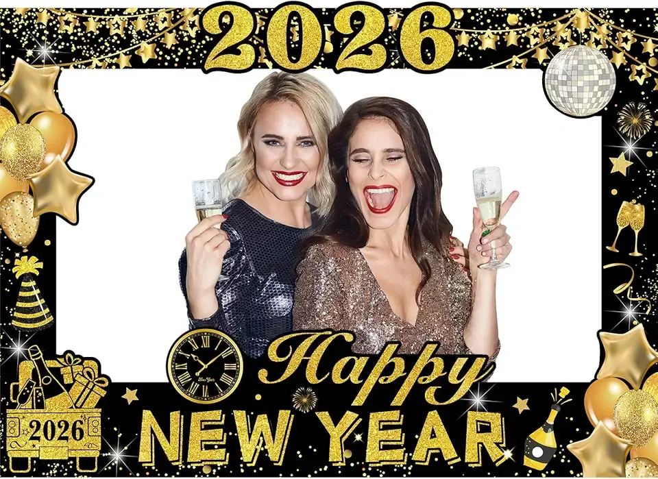 2026 Happy New Years Photo Booth Props Frame, Black Gold New Years Eve Photo Prop Frame for 2026 New Years Eve Party Favor Supplies Decorations（19.68 * 27.55 inch）