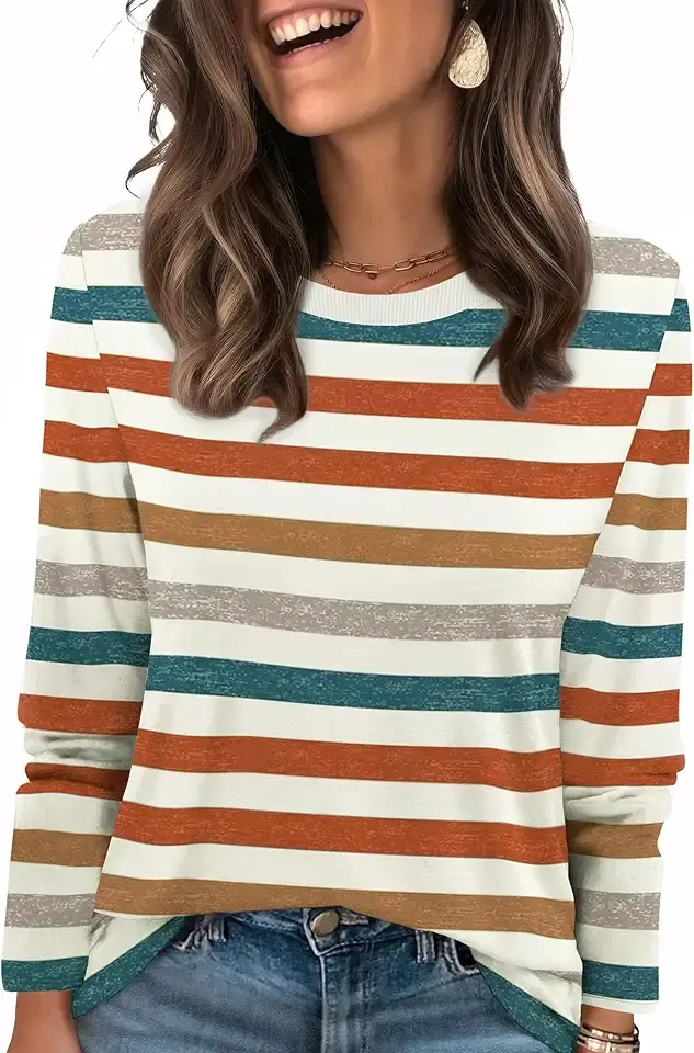 WIHOLL Womens Striped Long Sleeve Shirts Fall Outfits 2025 Color Block Tops Fashion Clothing Ribbed Crewneck Tee Blouses OEKO-TEX STANDARD 100