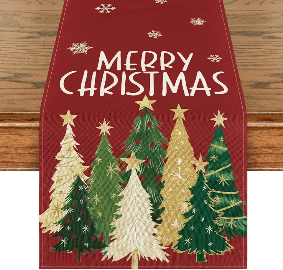 Artoid Mode Xmas Trees Snowflakes Red 210 GSM Merry Christmas Table Runner, Winter Kitchen Dining Table Decoration for Home Party Decor 13x72 Inch OEKO-TEX STANDARD 100