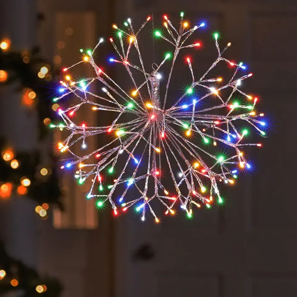 Christmas Hanging Starburst Lighted Branches, Pre-Lit 24’’ Dia Sliver Starry with 160PCS Multi Color LED Twinkle Hanging Ball Light Plug in Indoor