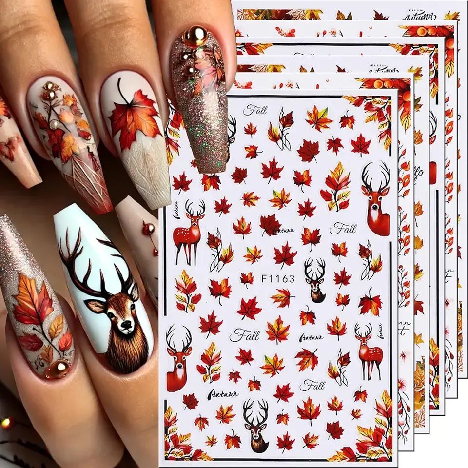Fall Nail Art Stickers 6PCS Autumn Maple Leaf Nail Decals Fallen Leaves Elk Design 3D Self-Adhesive Nail Art Supplies Fall Leaf Deer Nail Accessories for Women Thanksgiving Day DIY Manicure Decoration