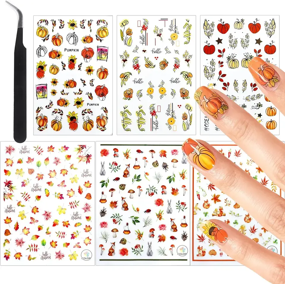 Allstarry Fall Nail Stickers, 6 Sheets Thanksgiving Nail Stickers Fall Nail Decals 3D Maple Leaves Autumn Floral Pumpkin Nail Decal Self-Adhesive for Autumn Nails Art