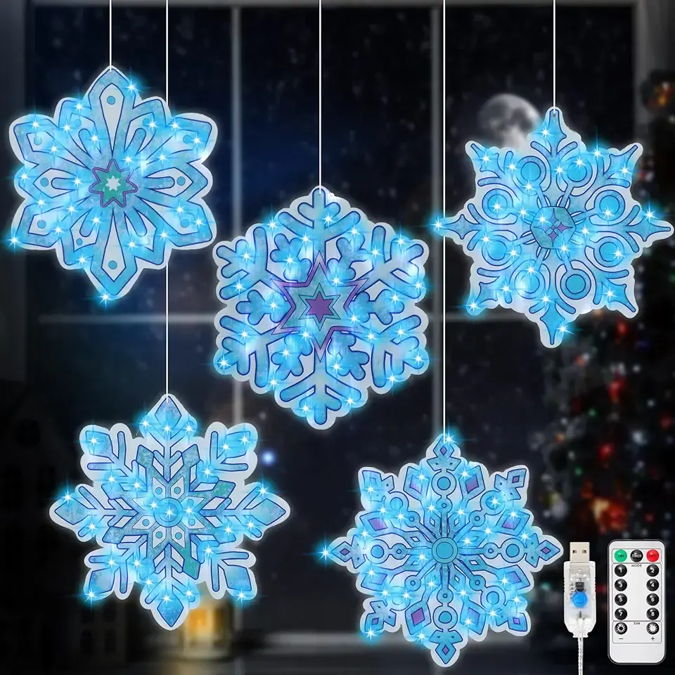 Baquler 5 Pcs 12&#x27;&#x27; Lighted Snowflake Window Decorations Winter Window Silhouette Lights 8 Modes USB Powered with Remote Timer Light up Holiday Display Ornaments for Winter Indoor Outdoor Decor