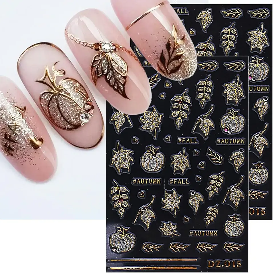 2 Sheets Fall Nail Stickers for Nail Art Glitter Gold Leaf Nail Art Stickers Embossed Autumn Pumpkin Nail Decals 5D Self-Adhesive Diamond Nail Design Sticker for Women Thanksgiving Nails Decoration