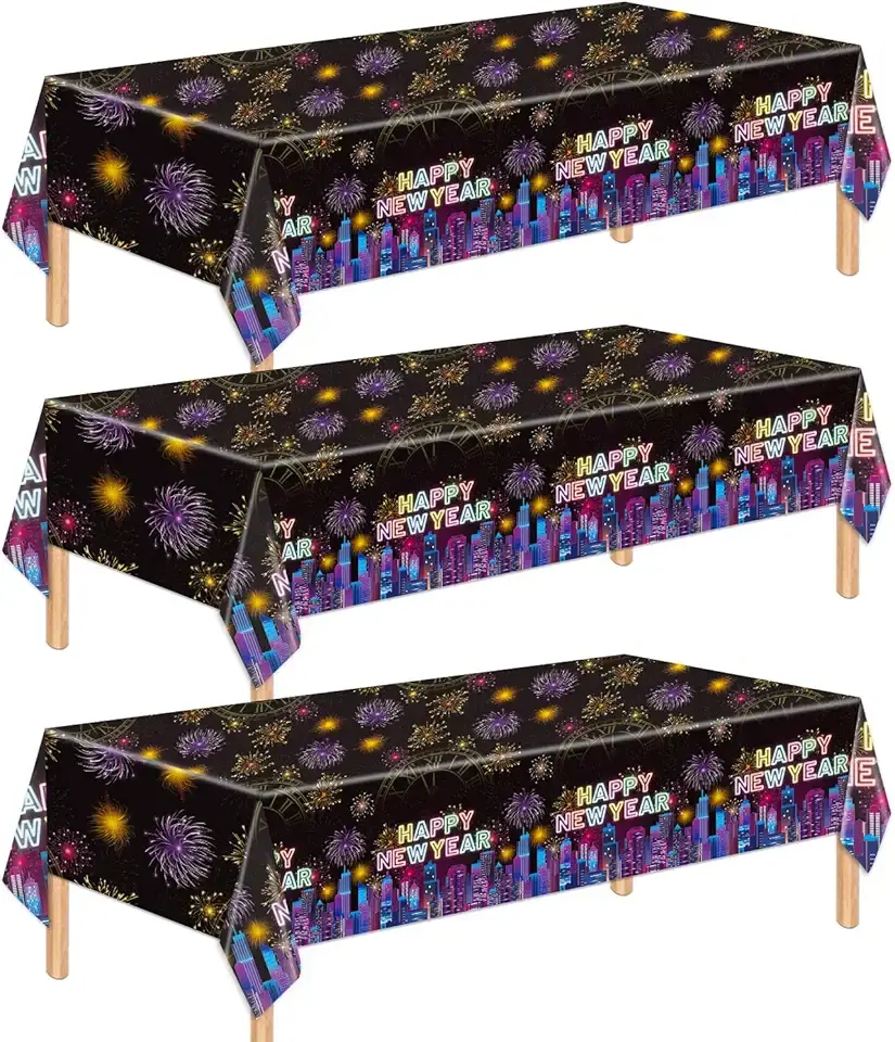 3 Pcs Happy New Year Tablecloth - Colorful Cities and Fireworks Plastic Table Cloth, 54 x 108 Inch New Years EVE Disposable Rectangle Table Cover for 2026 New Year&#x27;s Eve Party Supplies Decorations
