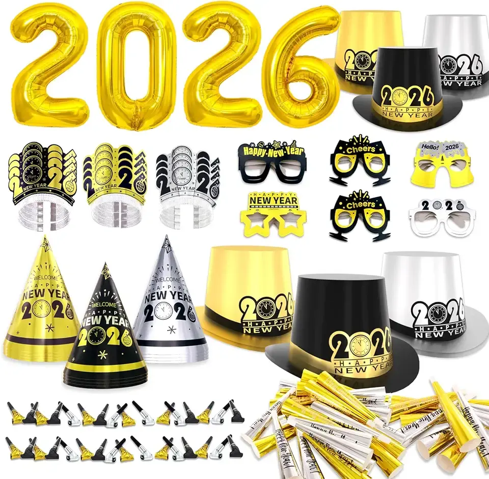 New Years Eve Party Supplies 2026 for 90 Guests, Happy New Years Decorations Party Favors Includes Top Hats, Tiaras, Glasses Accessories for Adults Kids Nye Decorations 2026