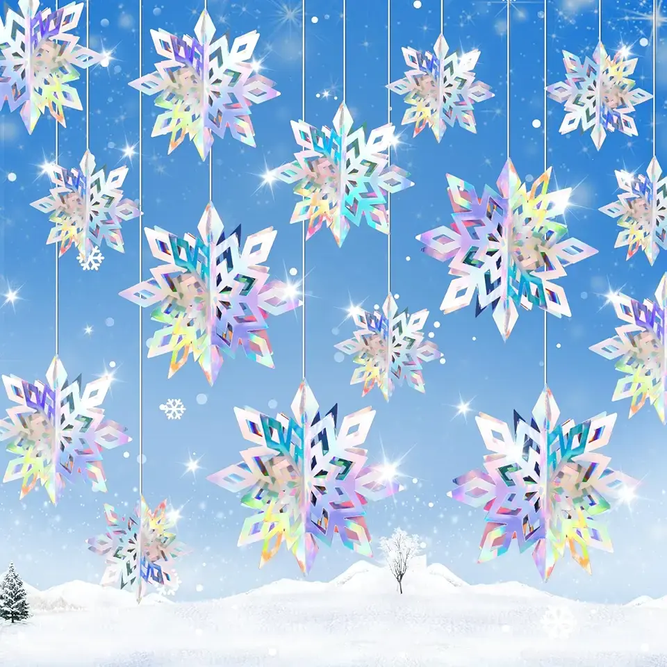 18pcs Hanging Snowflakes Decorations, 3D Iridescent Large Snowflakes Ornaments Hanging Snow Flakes from Ceiling for Christmas Winter Wonderland Indoor Home New Year Frozen Birthday Party Decorations