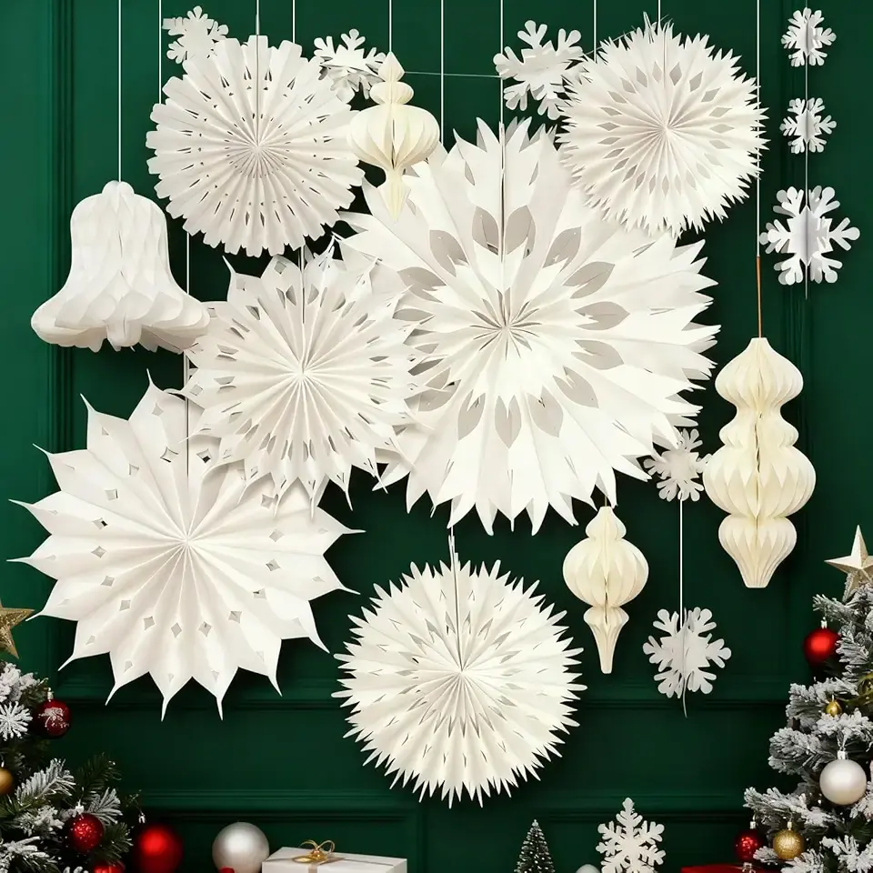 White Christmas Hanging Decorations Set, 3D Paper Honeycomb Ornaments Decorative Honeycomb Bell Lanterns with Lights, Paper Snowflake Fans Garlands for Xmas Tree Winter Wonderland Holiday Party Decor