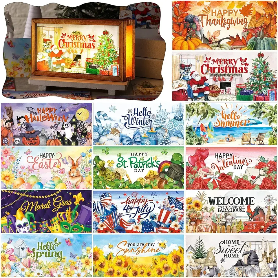17 Pcs Interchangeable Holiday Season Sign Fall Thanksgiving Christmas Winter Night Light Shadow Box LED Welcome Wood Sign for Table Decorative Wooden Seasonal Decorations Ornament Gifts