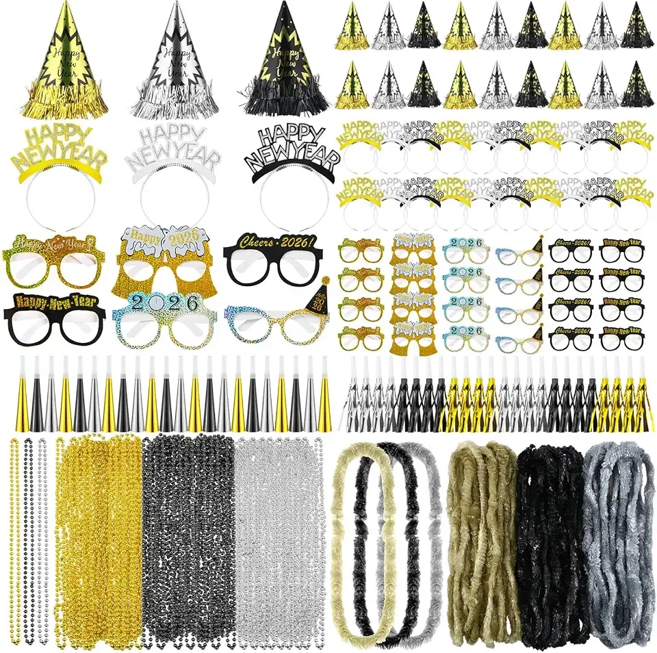 Capoda 384 Pcs New Years Eve Party Supplies 2026 Decorations Kit for 96 Guest with Happy New Year Cone Hat Tiara Headband Glasses Bead Noisemaker Horns Lei Necklace