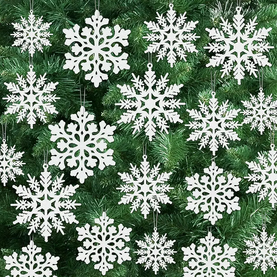 24PCS Snowflake Ornaments, Christmas White Snowflakes Tree Decorations, Plastic Glitter Snow Flakes Decorating Hanging, Xmas Tree Ornaments Indoor Ceiling Fireplace Winter Wonderland Decor