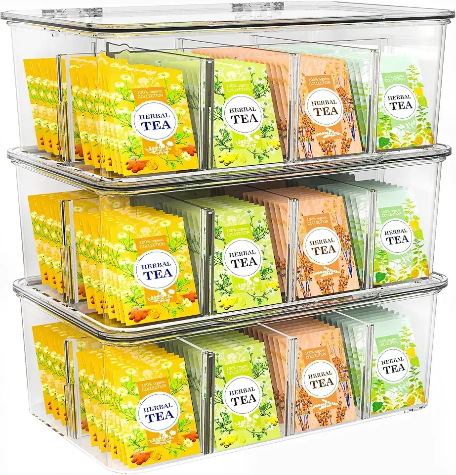 Utopia Home - Tea Bag Organizer With Lids, Clear Pantry Storage Box - (3 Pack) Stackable Partition Organizers or Holder With Lids For Drawers, Countertops, Fridge, Kitchen, Snack &amp; Spice Organization
