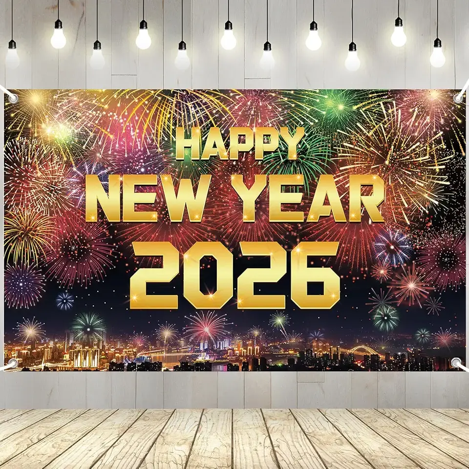 YQUQWN Happy New Year 2026 Banner New Years Eve Party Supplies Decorations 72 x 44 Inches with Pattern Firework for New Year Party Decoration Photo Props Background Supplies