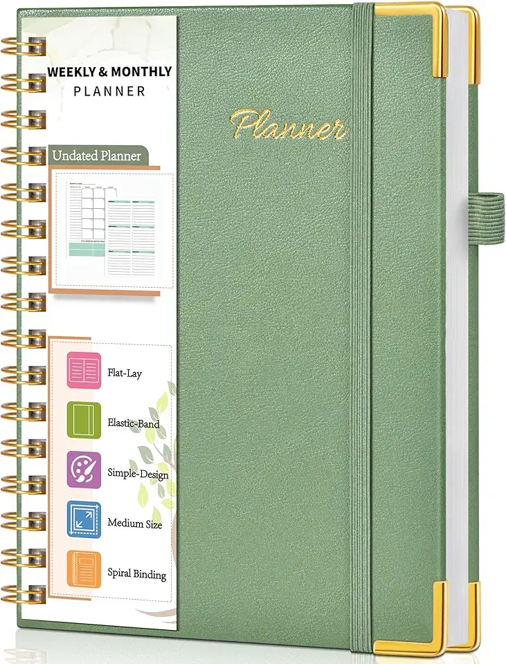 Undated Weekly Planner, Hardcover Leather Weekly &amp; Monthly Calendar Blank Planner, To Do List Notebook with Goal &amp; Habit Tracker Organizer, A5 Daily Planner with Spiral Binding, Ideal for Work School Home, Green