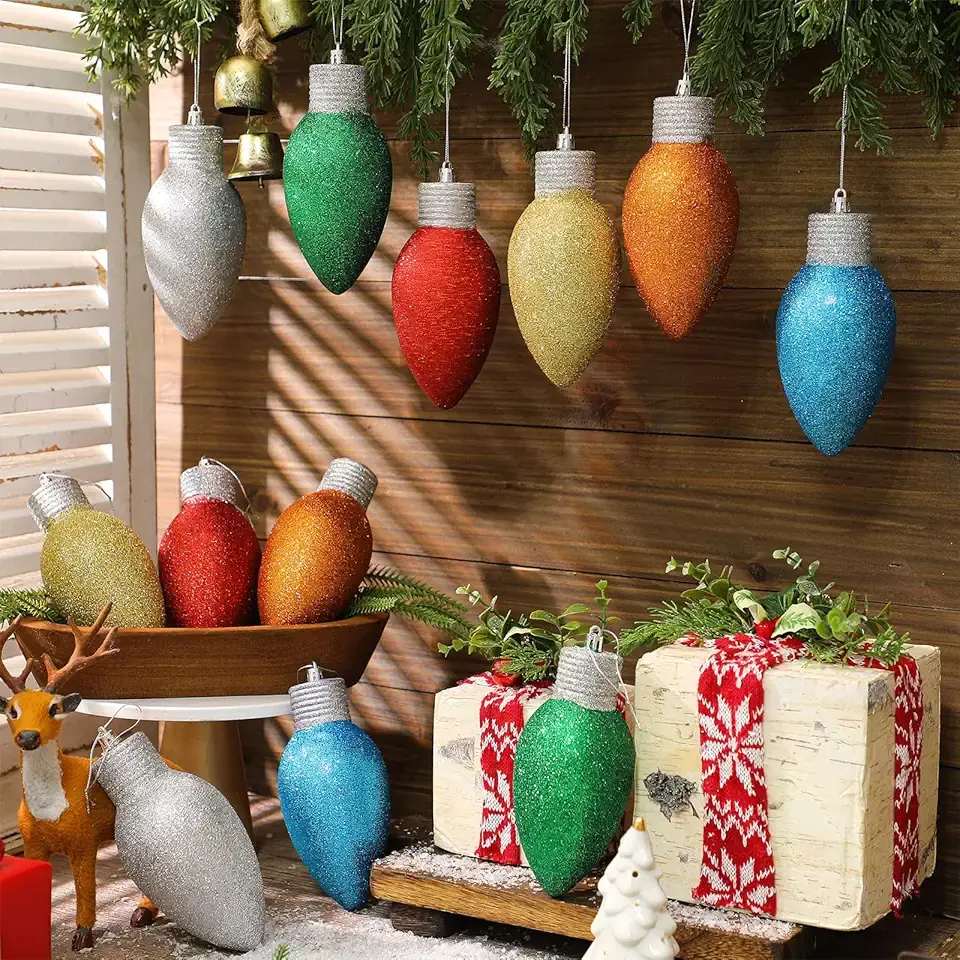 Suzile 12 Pcs Christmas Glitter Light Bulb Ornaments 6 Inches Colorful Plastic Christmas Flashing Ornaments with Hanging Rope Light Bulb Shaped Hanging Decoration for Xmas Tree Holiday Yard Party