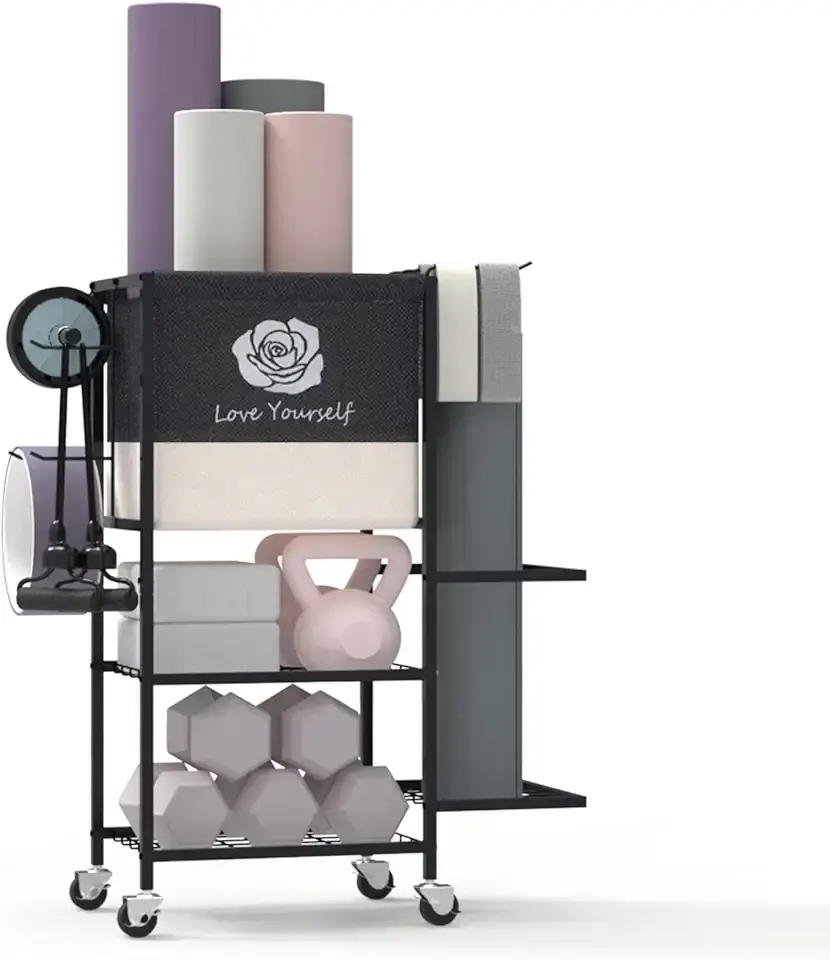 Yoga Mat Storage Rack,Home Gym Storage Rack Gym Workout Equipment Storage Organizer Fitness Weight Rack on Wheels for Yoga Mat,Yoga Block,Foam Roller,Resistance Band,Dumbbell,Kettlebell and Other Workout Accessories