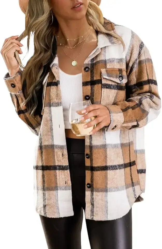Trendy Queen Womens Flannel Shacket Casual Jacket Plaid Button Down Long Sleeve Shirt Fall Winter Outfits OEKO-TEX STANDARD 100