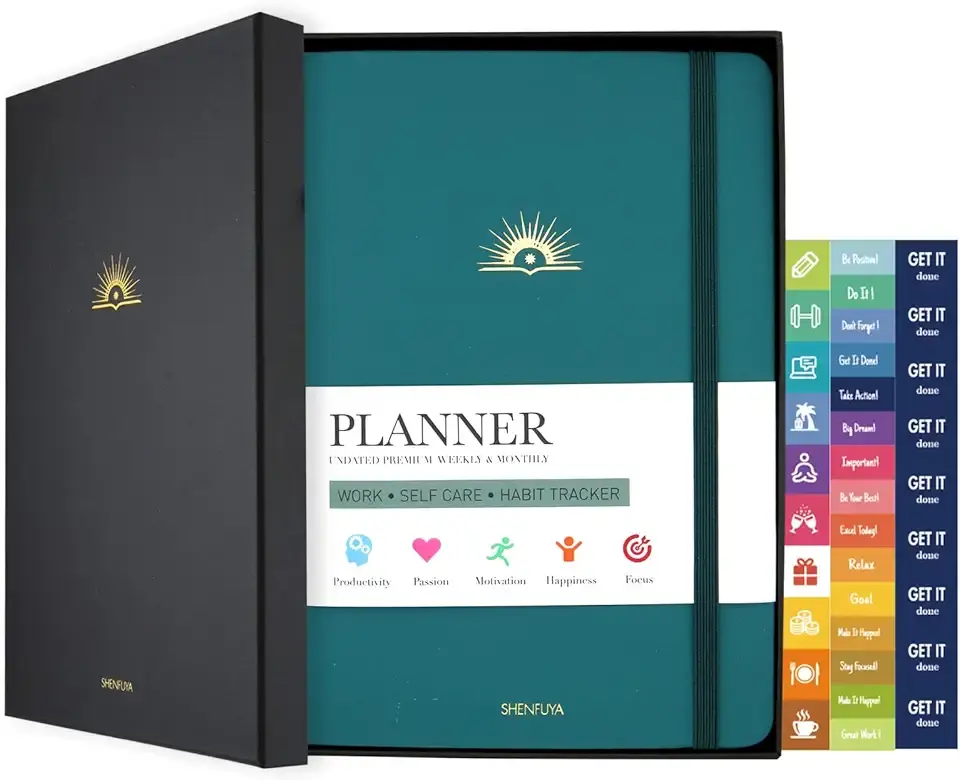 Undated Weekly & Monthly Planner, Life Organizer & Productivity Journal, Goals Setting & Time Management, Gift Box Included, A5 Hardcover Leather with Stickers (Dark Green)