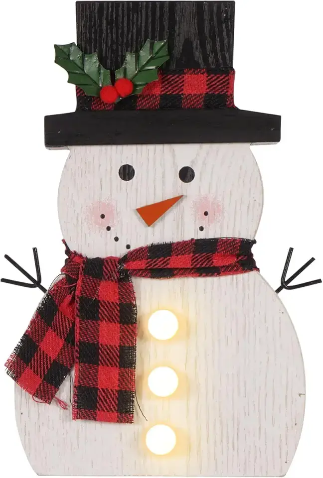 Christmas Decorations for Home LED Lighted Snowman Decor with Timer Farmhouse Merry Christmas Sign Wooden Rustic Red Plaid Scarf Tabletop Xmas Holiday Signs Party Indoor Room