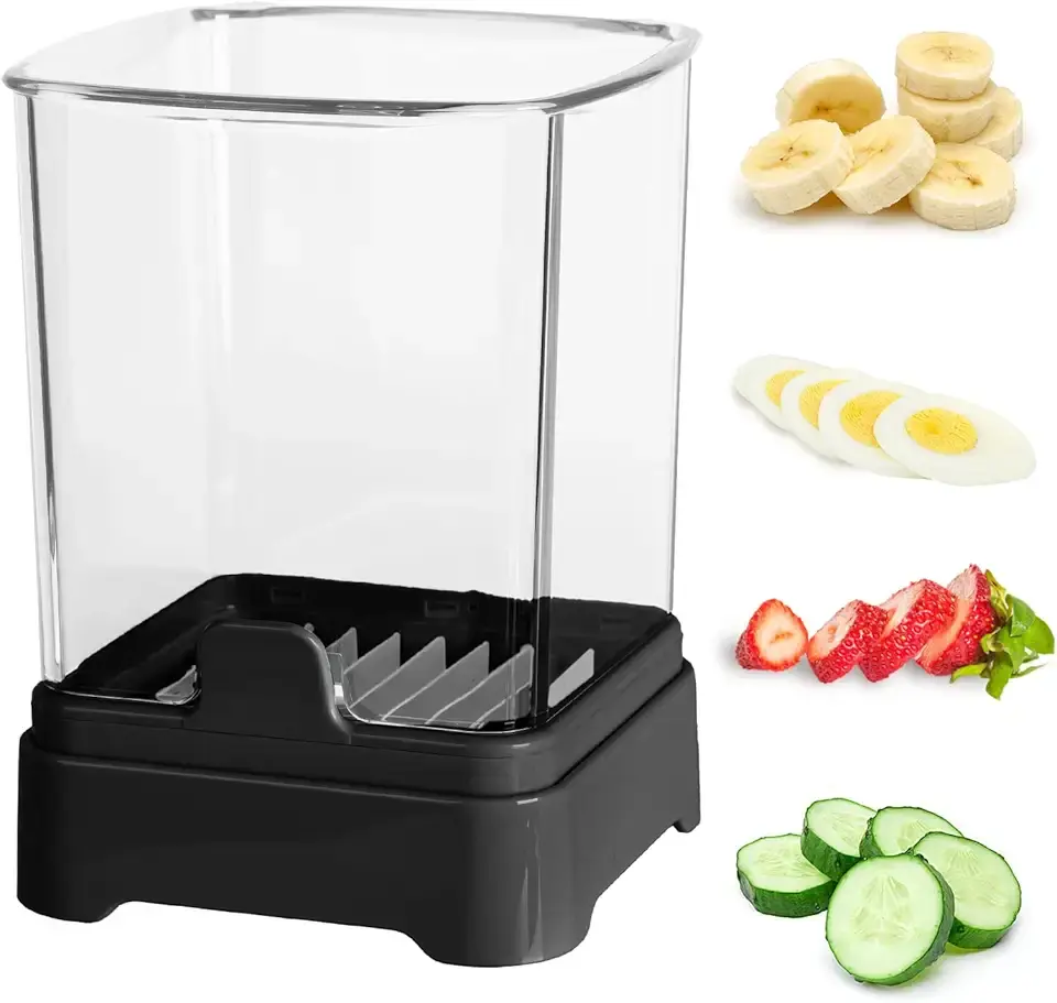 Fruit Slicer Cup for Strawberry, Banana, Hard-Boiled Egg - Detachable Cutter with Push Plate - Rapid & Safe Slicing Kitchen Gadget for Quick Meal Prep (Black)