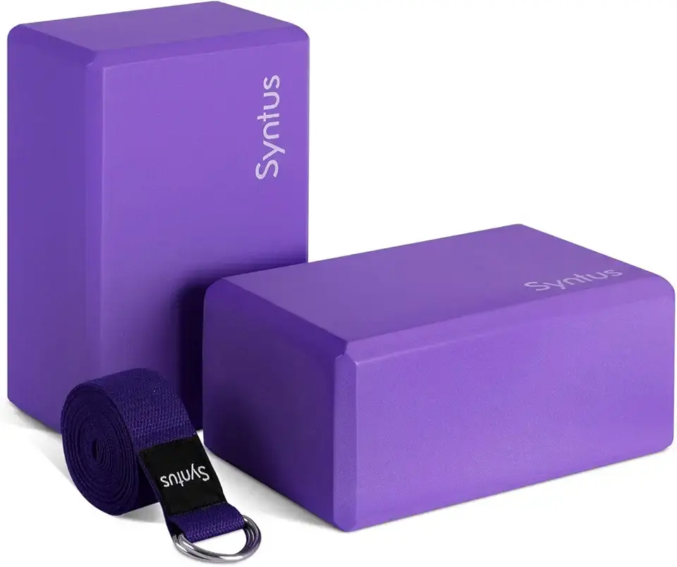 Syntus Yoga Block and Yoga Strap Set, 2 Soft Non-Slip Yoga Blocks 9×6×4 inches, 8FT Metal D-Ring Strap for Yoga, General Fitness, Pilates, Stretching and Toning