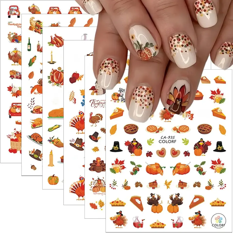 6Sheets Fall Nail Stickers 3D Cute Turkey Pumpkin Nail Decals Self Adhesive Thanksgiving Nail Art Stickers Autumn Maple Leaf Nail Decoration Accessories Squirrel Manicure Supplies for Women DIY