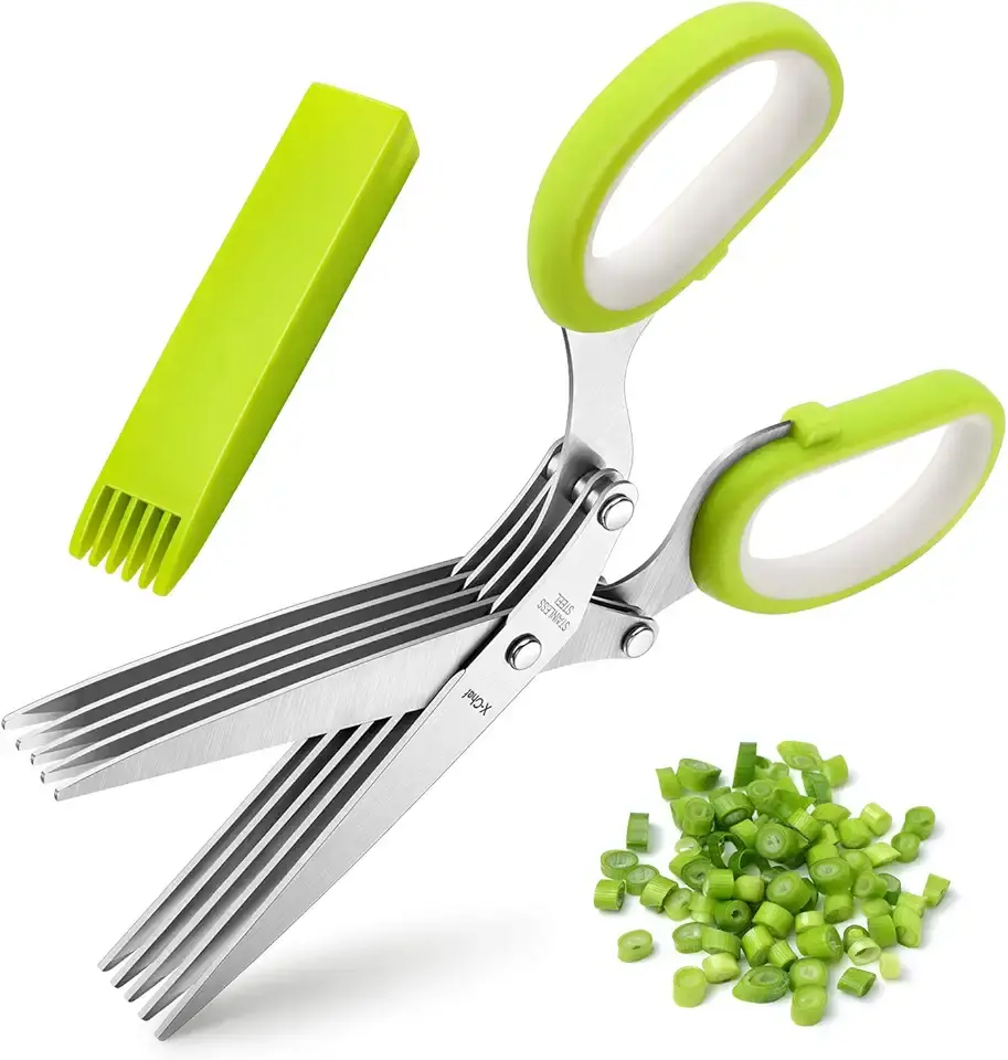 Herb Scissors, X-Chef Multipurpose 5 Blade Kitchen Herb Shears Herb Cutter with Safety Cover and Cleaning Comb for Chopping Basil Chive Parsley (Green)