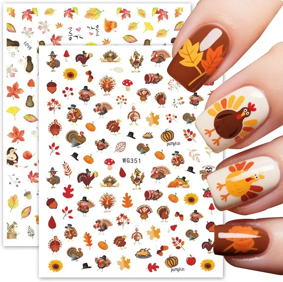 Fall Turkey Nail Stickers – Yellow Maple Leaf & Adorable Turkey Nail Art Sticker Decals for Thanksgiving Autumn Nail Art for Women & Girls 3D Self-Adhesive Nail Designs for Salon Holidays