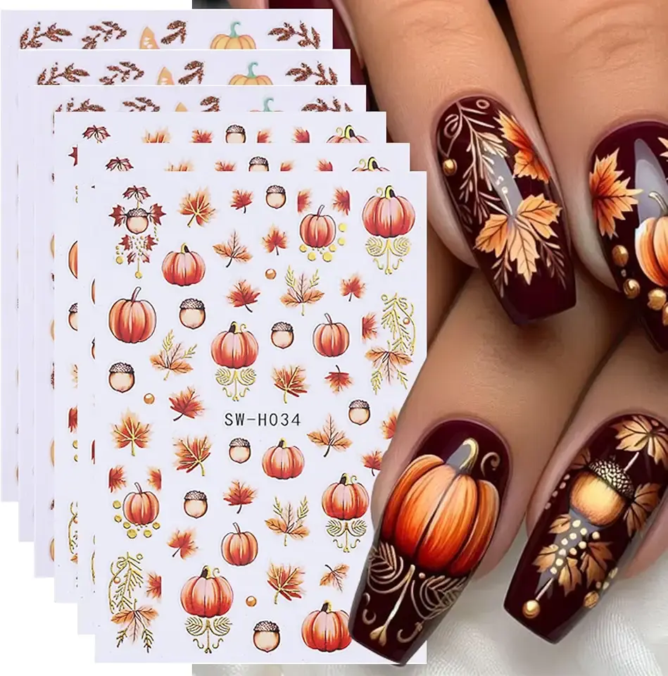 6 Sheets Fall Pumpkin Nail Stickers Autumn Maple Leaf Nail Art Stickers Decals 3D Self Adhesive Nail Decals Cute Pumpkin Maple Leaves Designs Nail Decor for Thanksgiving Day DIY Manicure Supplies