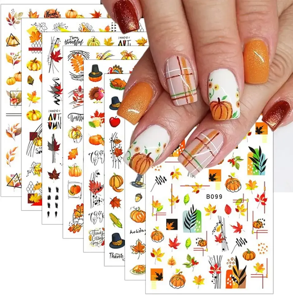 8 Sheets Thanksgiving Nail Decals 3D Self-Adhesive Autumn Pumpkins Nail Art Stickers Thanksgiving Maple Leaves Turkey Nail Art Decals Fall Maple Leaf Nail Stickers for Women Girls Nail Design Supply