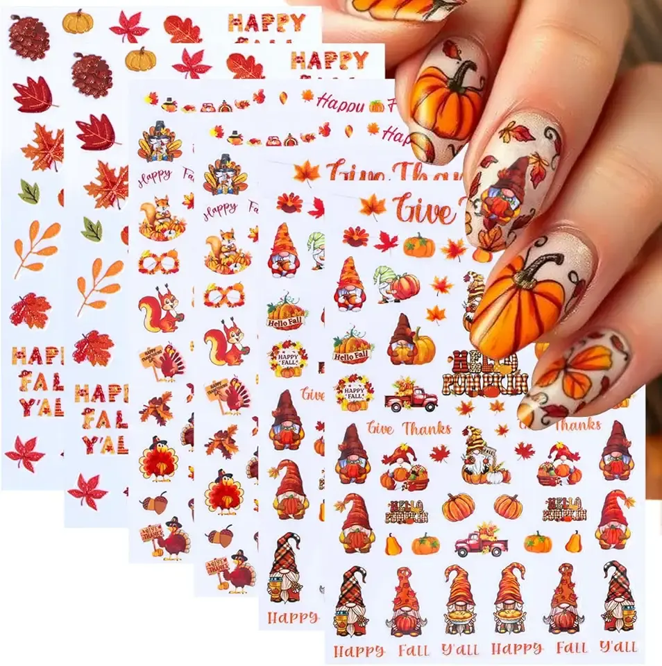 6 Sheets Fall 5D Embossed Nail Art Stickers Self-Adhesive Maple Leaf Pumpkin Nail Decals Cute Fox Turkey Squirrel Nail Design Stickers Thanksgiving Letters Acrylic Nails Art Supply for Women Manicure