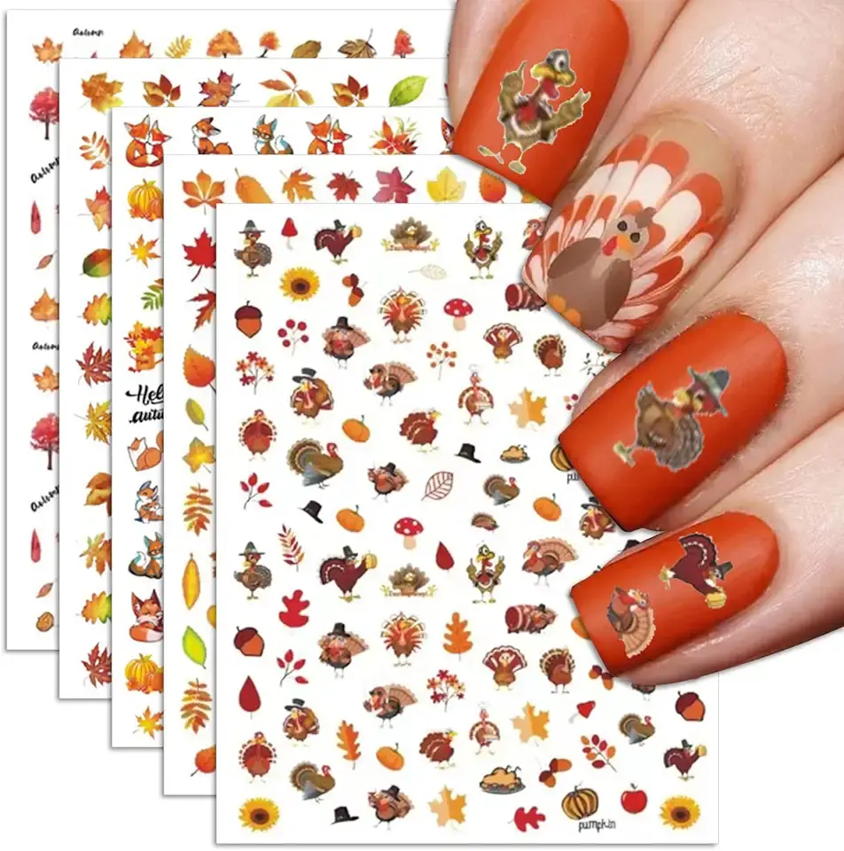 Fall Nail Art Stickers, Thanksgiving Day Turkey Nail Decals, 3D Self-Adhesive Maple for DIY Autumn Nail Supplies Decoration(8 Sheets)