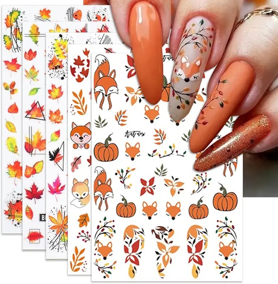 Fall Nail Art Stickers, Thanksgiving Day Fox Nail Decals, 3D Self-Adhesive Maple for Autumn DIY Nail Supplies Decoration(5 Sheets)