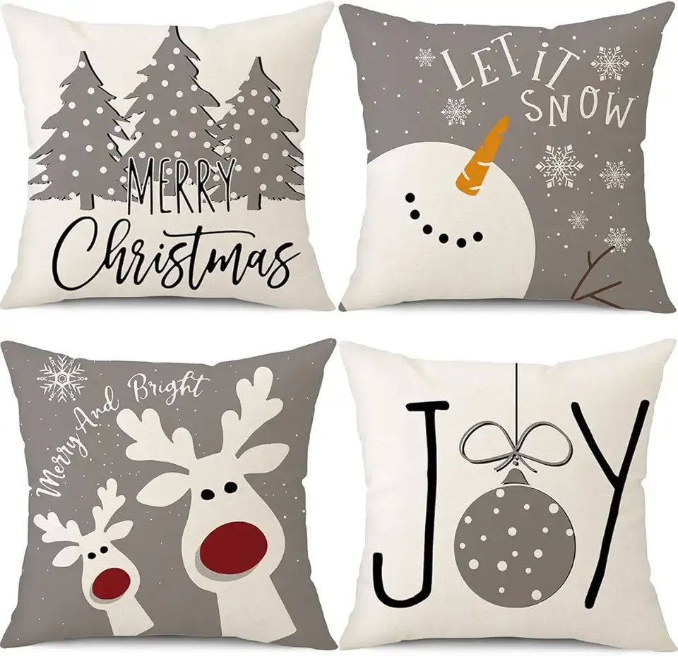 PSDWETS Christmas Pillow Covers 18x18 Set of 4 Christmas Decorations Snowman Deer Tree Winter Holiday Decor Throw Cushion Case for Home Couch