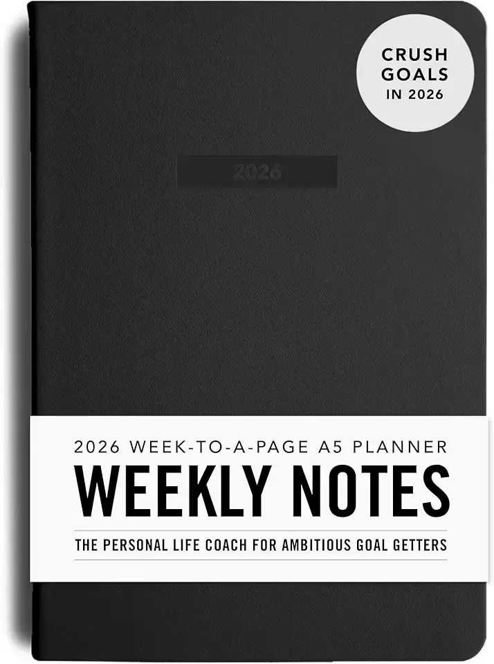 MI GOALS Weekly Notes Planner 2026 | Dated Goal Setting Journal for Gratitude, Progress & Habit Tracking with Reflection Space | Week-To-A-Page Layout, A5 (Black)