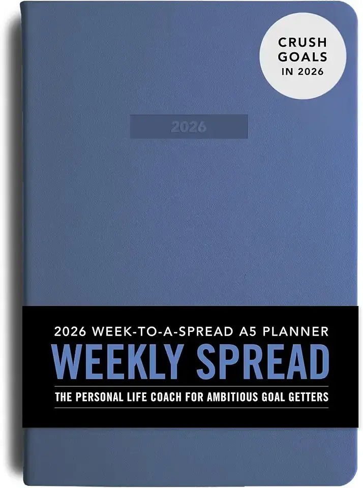 MI GOALS Weekly Spread Planner 2026 | Dated Goal Setting Journal for Gratitude, Progress & Habit Tracking with Lined Notes | Week-To-2-Pages Layout, A5 (Element Blue)